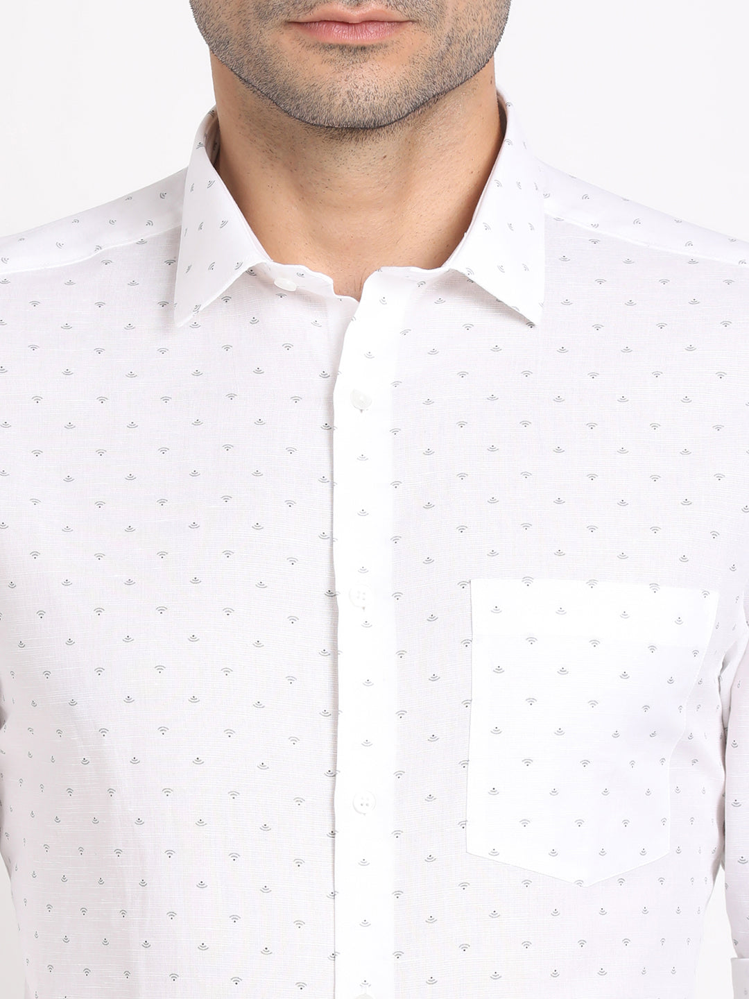 Cotton Linen White Printed Slim Fit Full Sleeve Formal Shirt