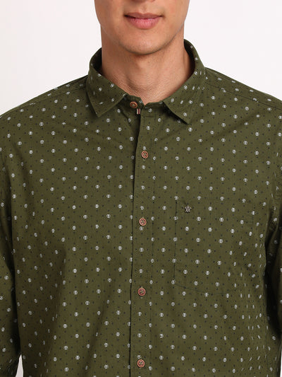 100% Cotton Dark Green Printed Slim Fit Full Sleeve Casual Shirt