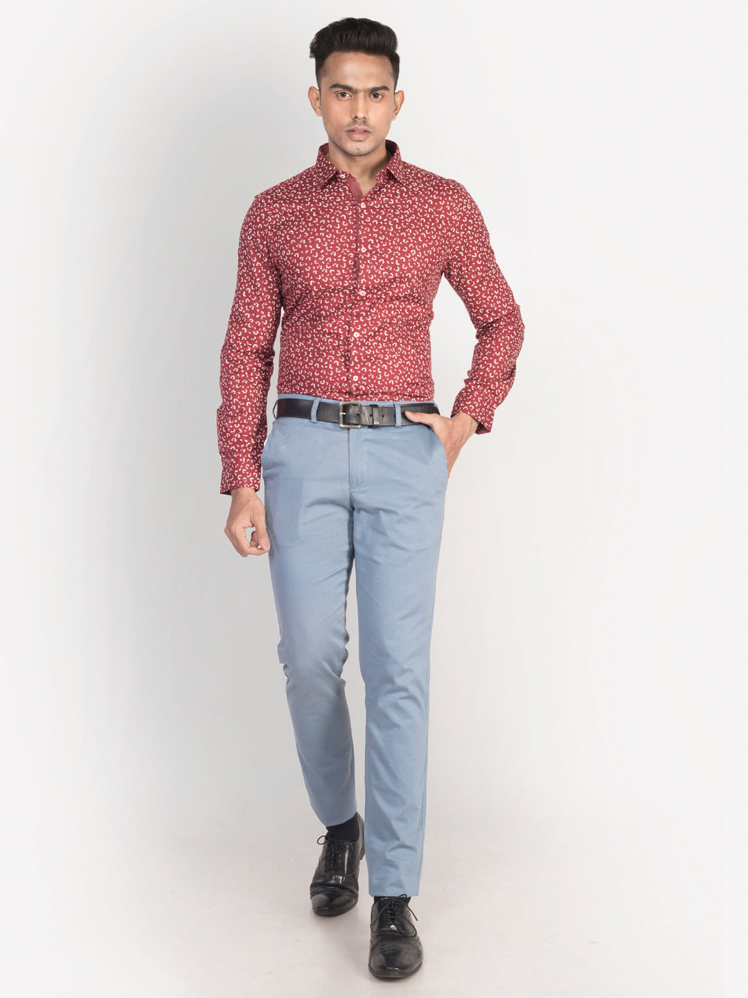 100% Cotton Maroon Printed Slim Fit Full Sleeve Formal Shirt