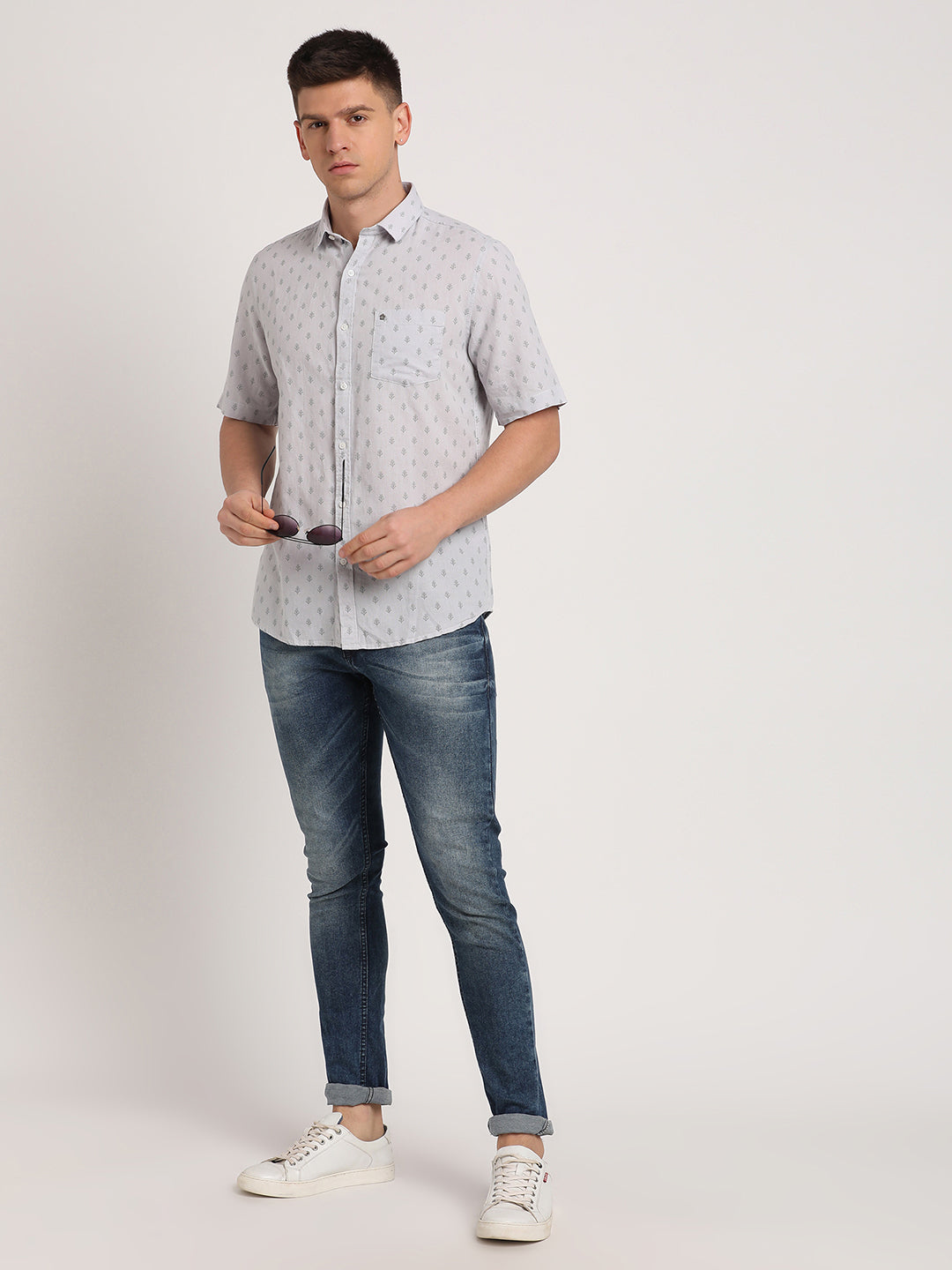 Cotton Linen Off White Printed Slim Fit Half Sleeve Casual Shirt