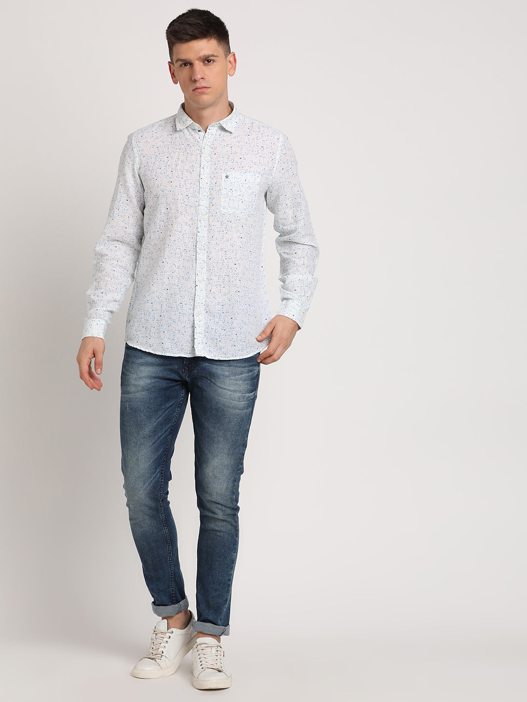 Cotton Linen White Printed Slim Fit Full Sleeve Casual Shirt