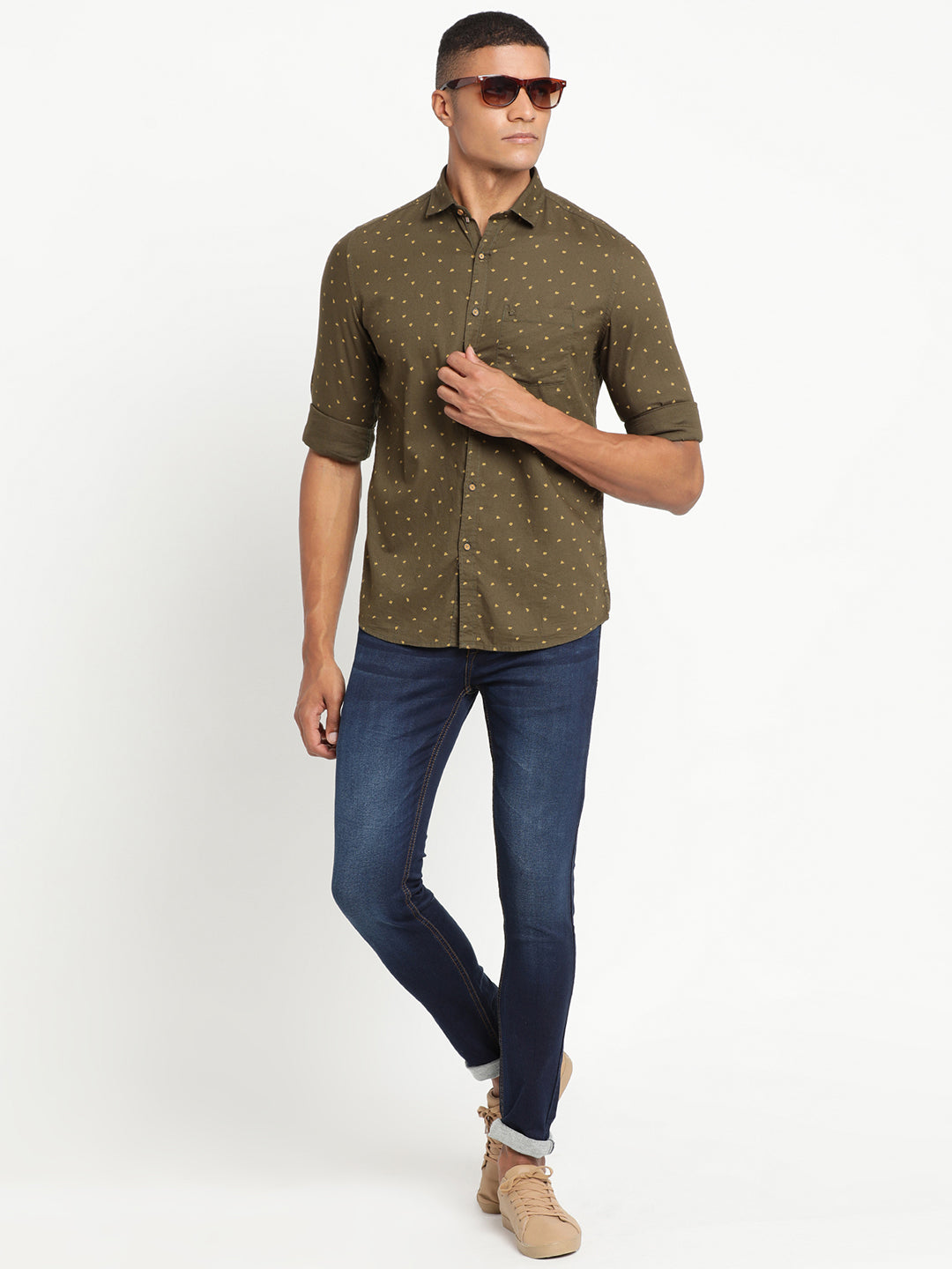 100% Cotton Olive Printed Slim Fit Full Sleeve Casual Shirt