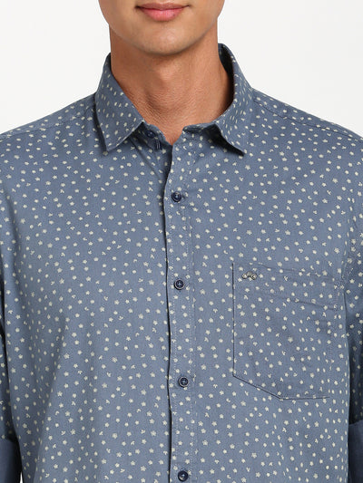 Cotton Tencel Blue Printed Slim Fit Full Sleeve Casual Shirt