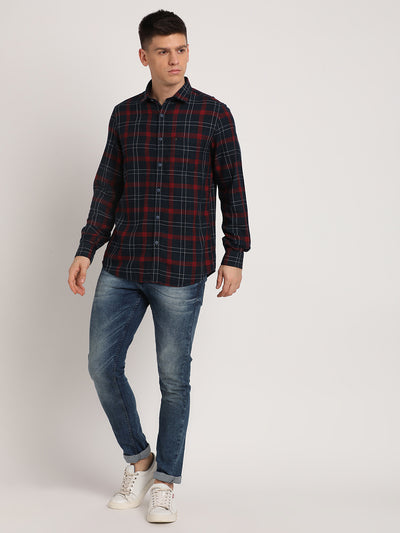 Cotton Lyocell Black Checkered Slim Fit Full Sleeve Casual Shirt