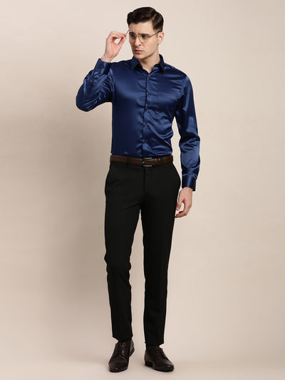 Poly Satin Blue Plain Regular Fit Full Sleeve Ceremonial Shirt