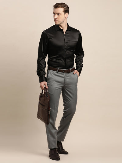 Poly Satin Black Plain Slim Fit Full Sleeve Ceremonial Shirt