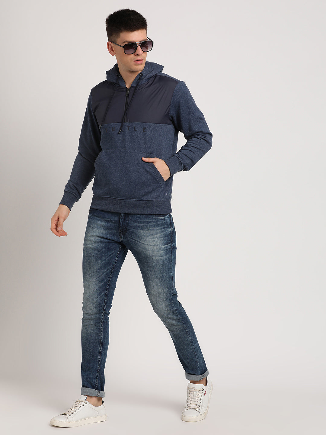 Poly Cotton Navy Striped Regular Fit Full Sleeve Casual Hoodie Sweatshirt