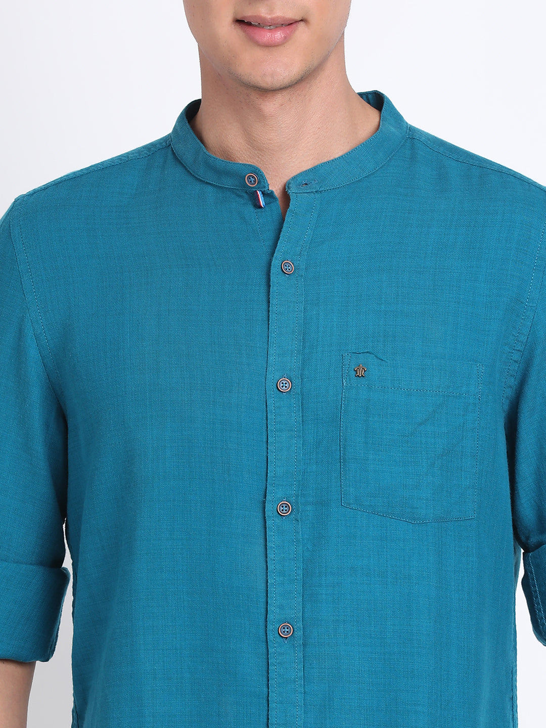 Cotton Lyocell Teal Blue Plain Slim Fit Full Sleeve Casual Shirt