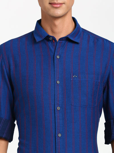 100% Cotton Indigo Blue Striped Slim Fit Full Sleeve Casual Shirt