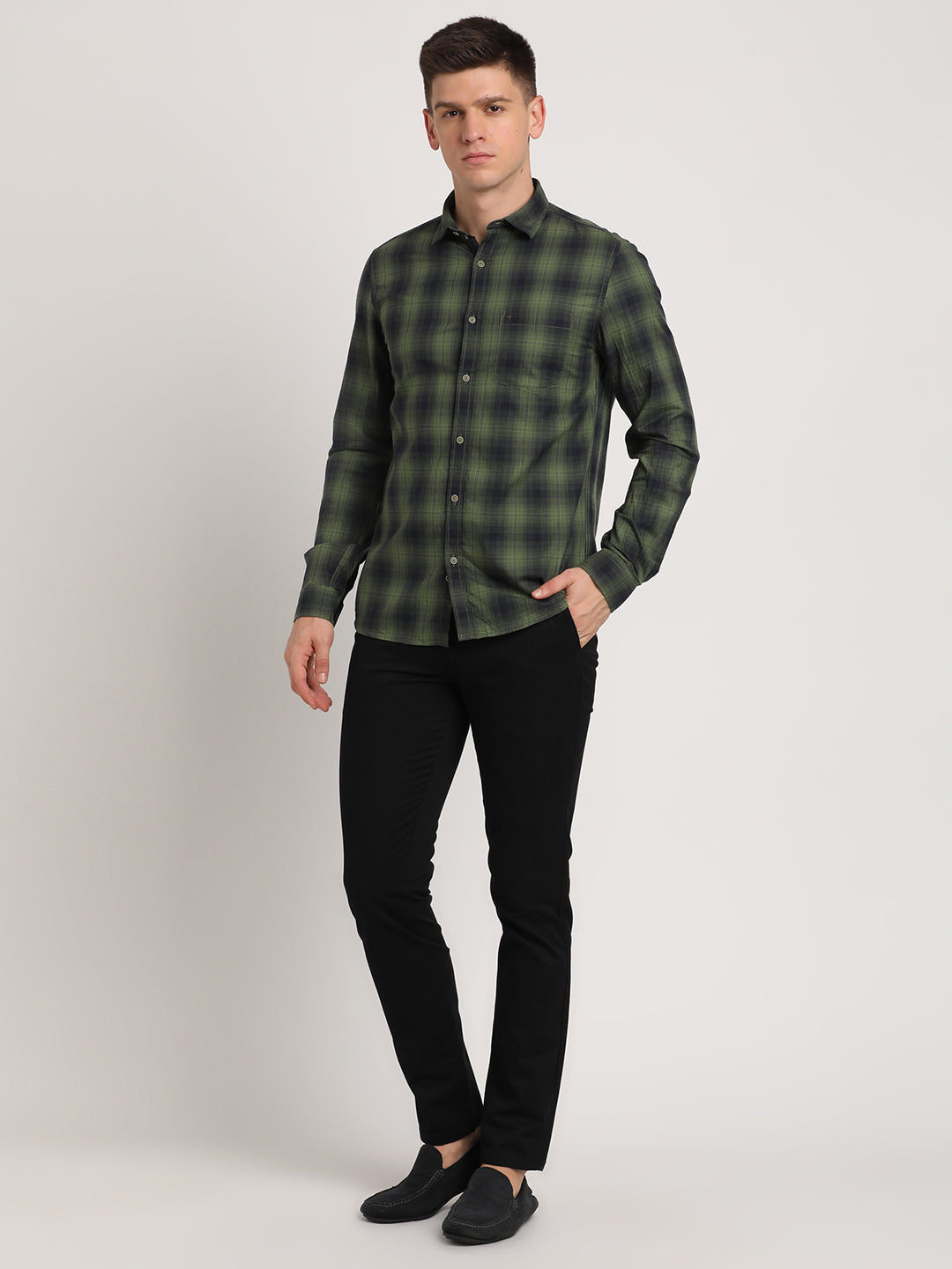 100% Cotton Dark Green Checkered Slim Fit Full Sleeve Casual Shirt