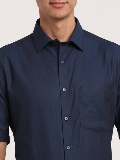 100% Cotton Navy Blue Dobby Regular Fit Half Sleeve Formal Shirt