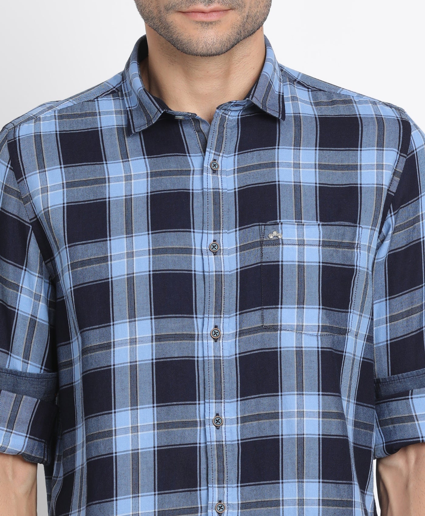 100% Cotton Indigo Navy Blue Checkered Slim Fit Full Sleeve Casual Shirt