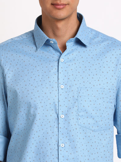 100% Cotton Sky Blue Printed Slim Fit Full Sleeve Formal Shirt