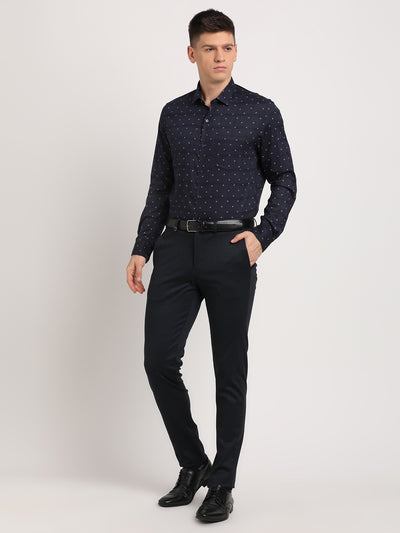 Cotton Tencel Navy Blue Printed Slim Fit Full Sleeve Formal Shirt