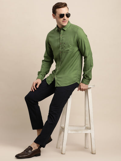 Cotton Lyocell Olive Plain Slim Fit Full Sleeve Casual Shirt