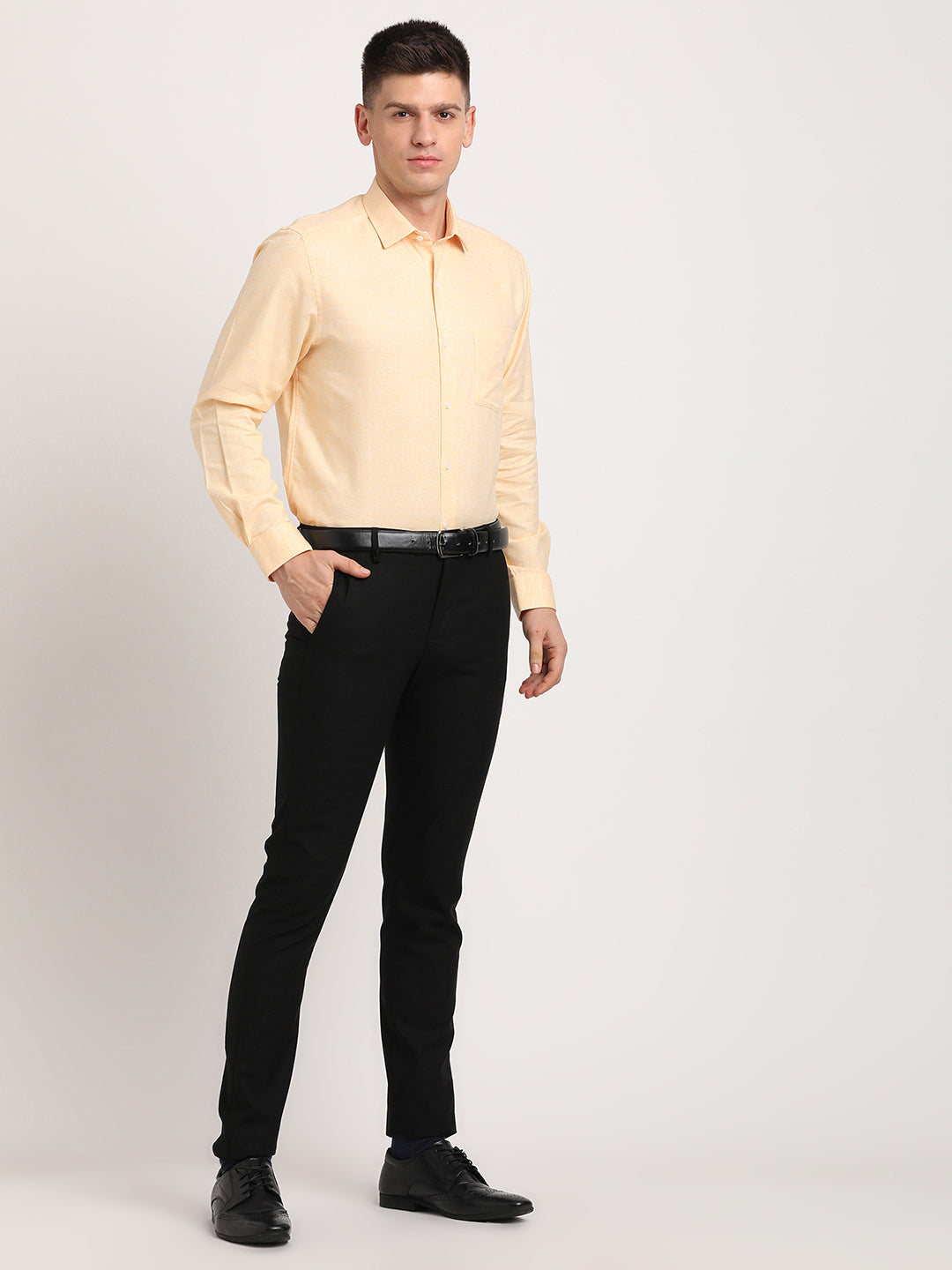 100% Cotton Yellow Plain Regular Fit Full Sleeve Formal Shirt