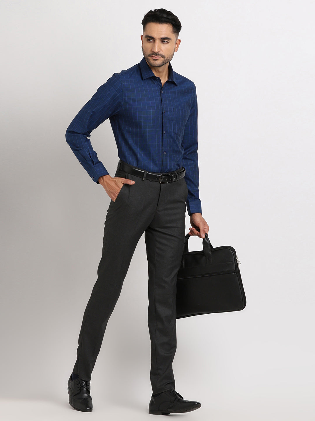 100% Cotton Navy Blue Checkered Slim Fit Full Sleeve Formal Shirt