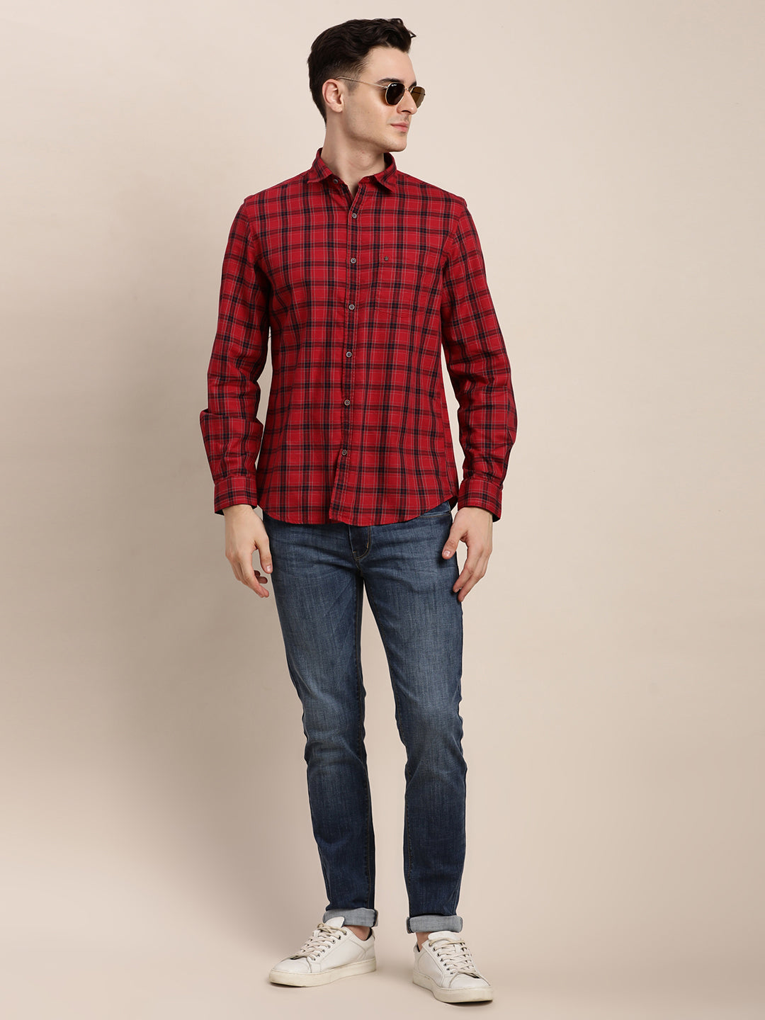 100% Cotton Red Checkered Slim Fit Full Sleeve Casual Shirt