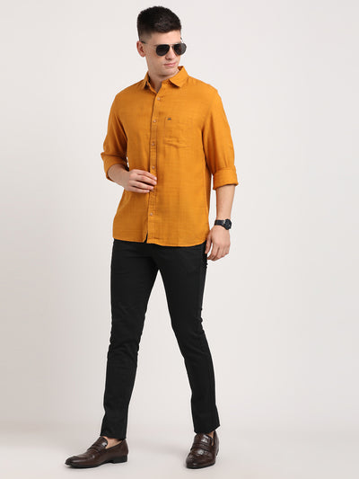 Cotton Lyocell Mustard Plain Slim Fit Full Sleeve Casual Shirt