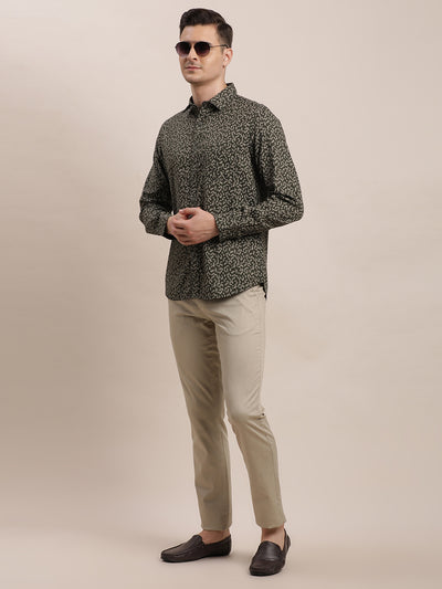 100% Cotton Dark Green Printed Slim Fit Full Sleeve Casual Shirt