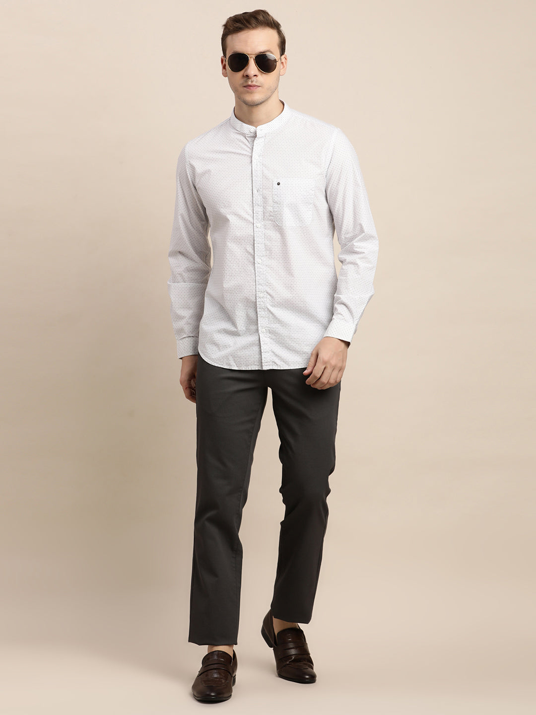 100% Cotton White Printed Slim Fit Mandarin Collar Casual Shirt