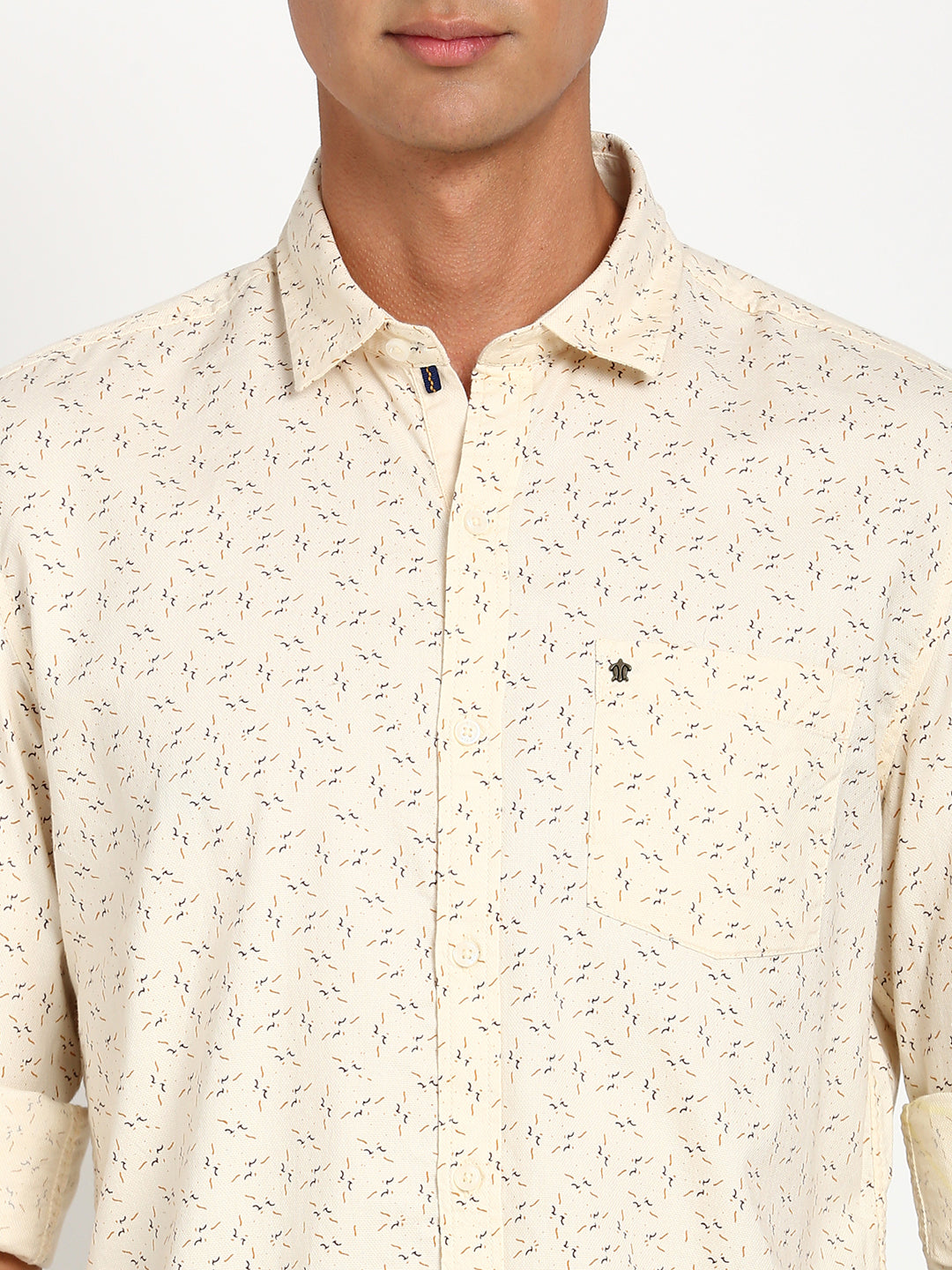 100% Cotton Beige Printed Slim Fit Full Sleeve Casual Shirt