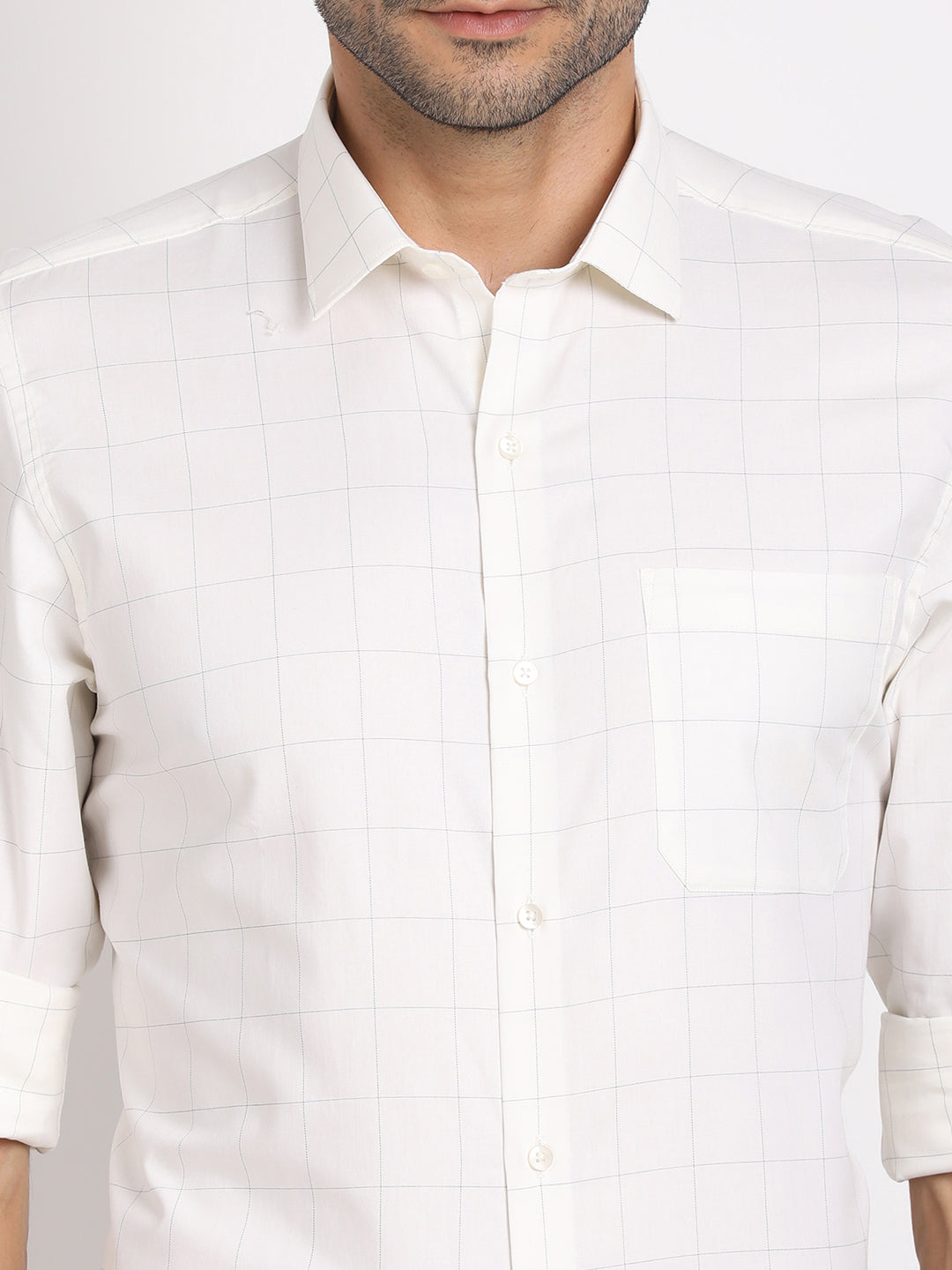 100% Cotton Cream Checkered Slim Fit Full Sleeve Formal Shirt