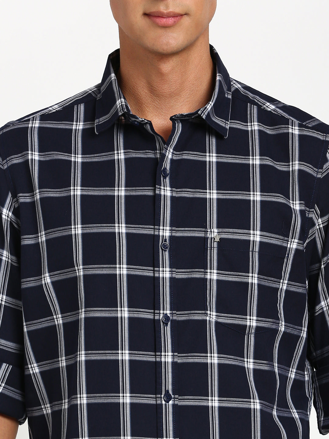 100% Cotton Navy Blue Checkered Slim Fit Full Sleeve Casual Shirt