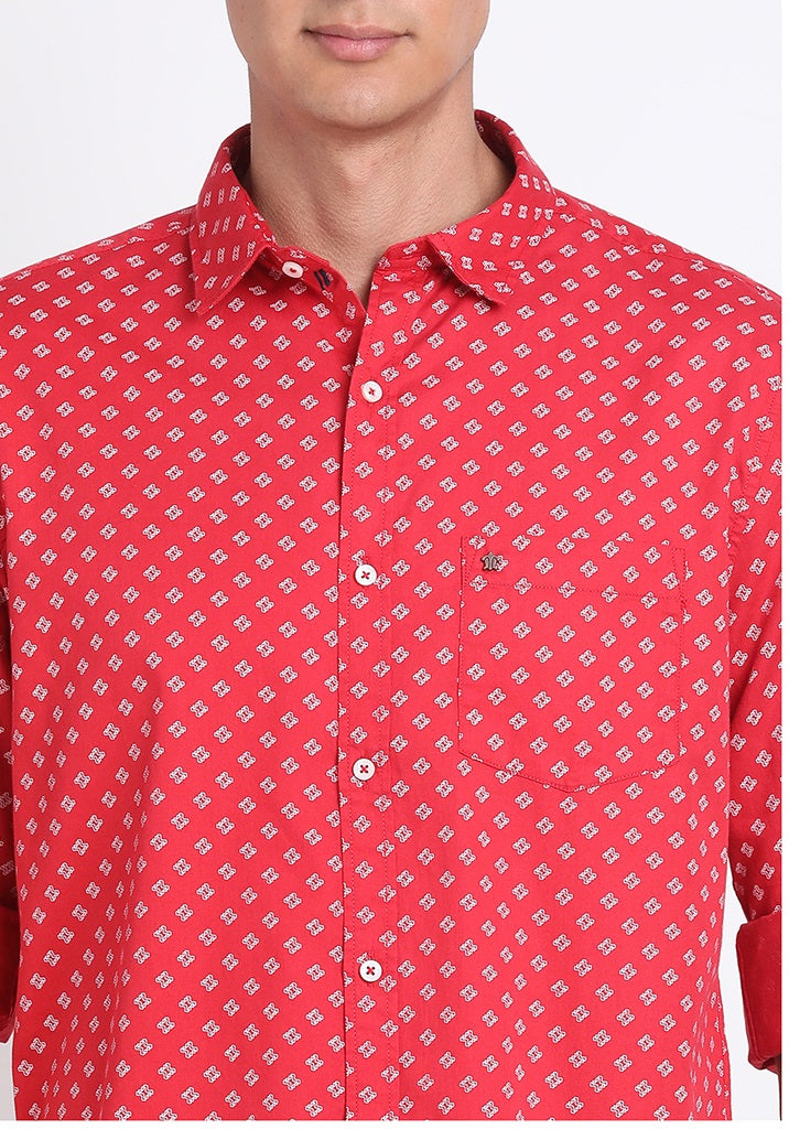 100% Cotton Red Printed Slim Fit Full Sleeve Casual Shirt