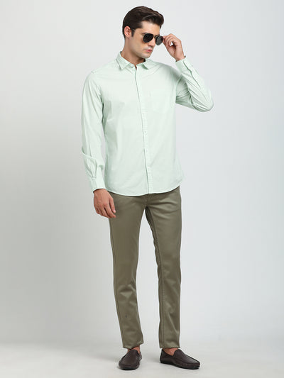 Cotton Stretch Pista Green Plain Slim Fit Full Sleeve Casual Shirt