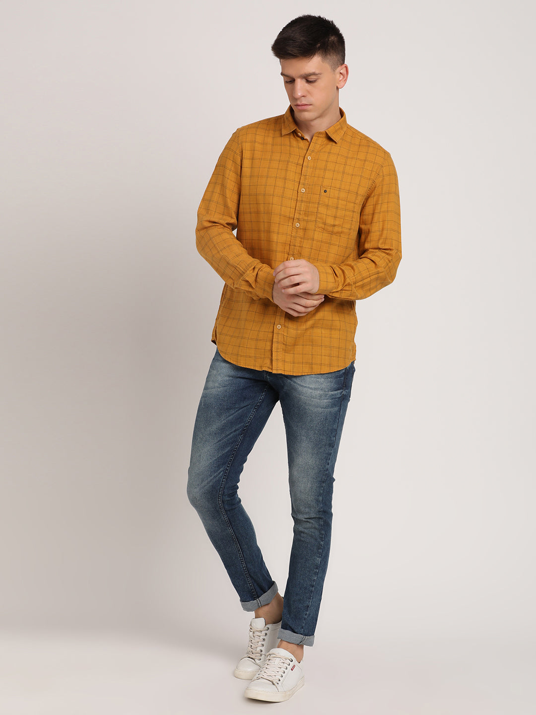 Cotton Lyocell Mustard Checkered Slim Fit Full Sleeve Casual Shirt