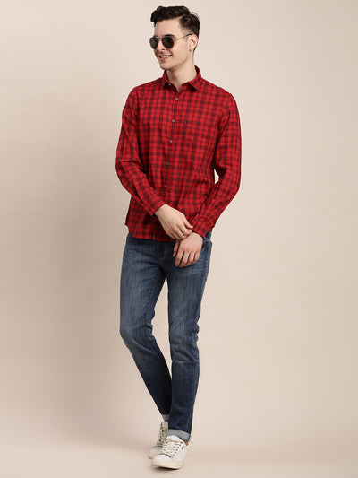 100% Cotton Red Checkered Slim Fit Full Sleeve Casual Shirt