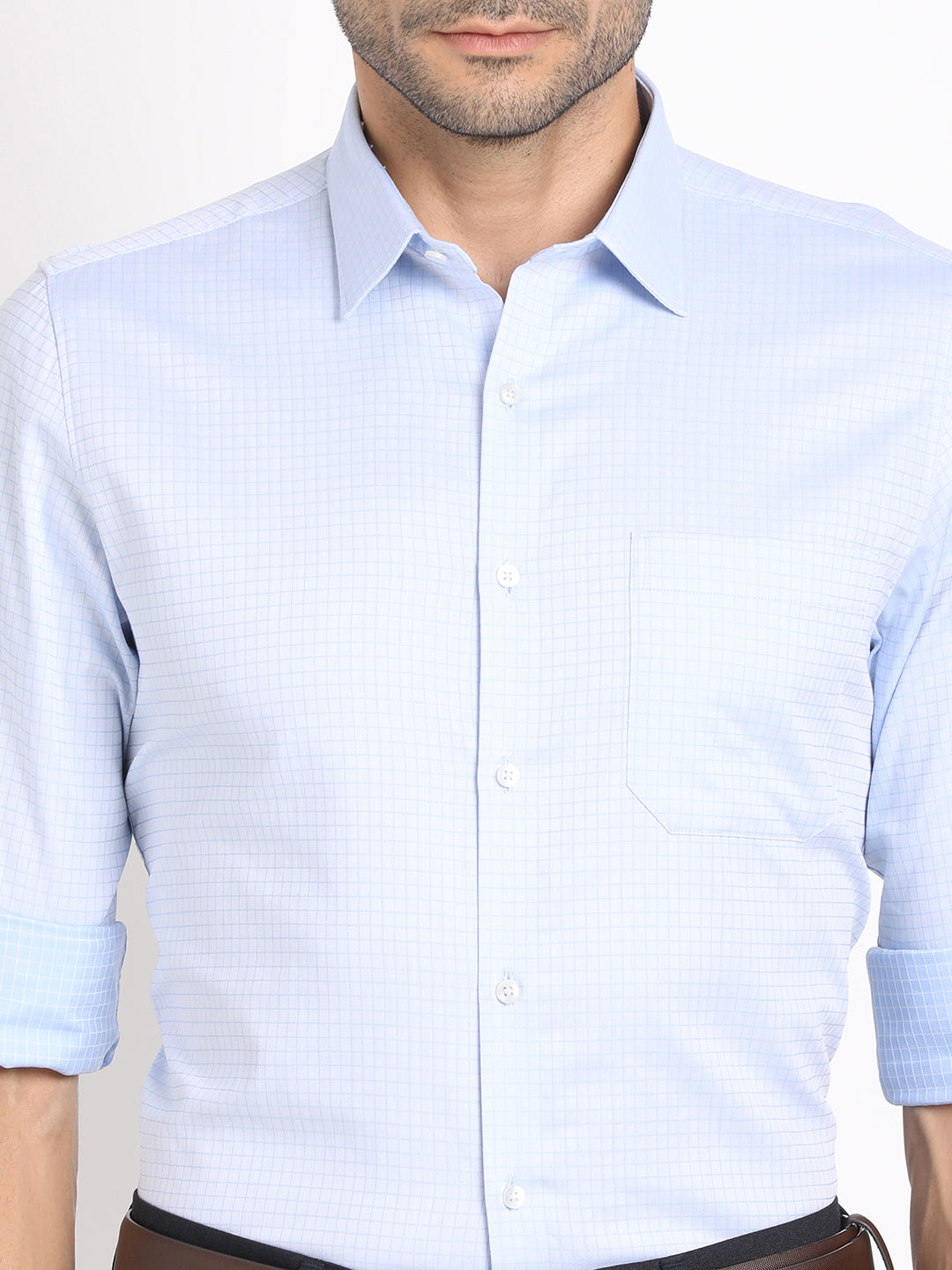 Giza Cotton Sky Blue Checkered Slim Fit Full Sleeve Formal Shirt