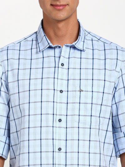 100% Cotton Sky Blue Checkered Slim Fit Full Sleeve Casual Shirt