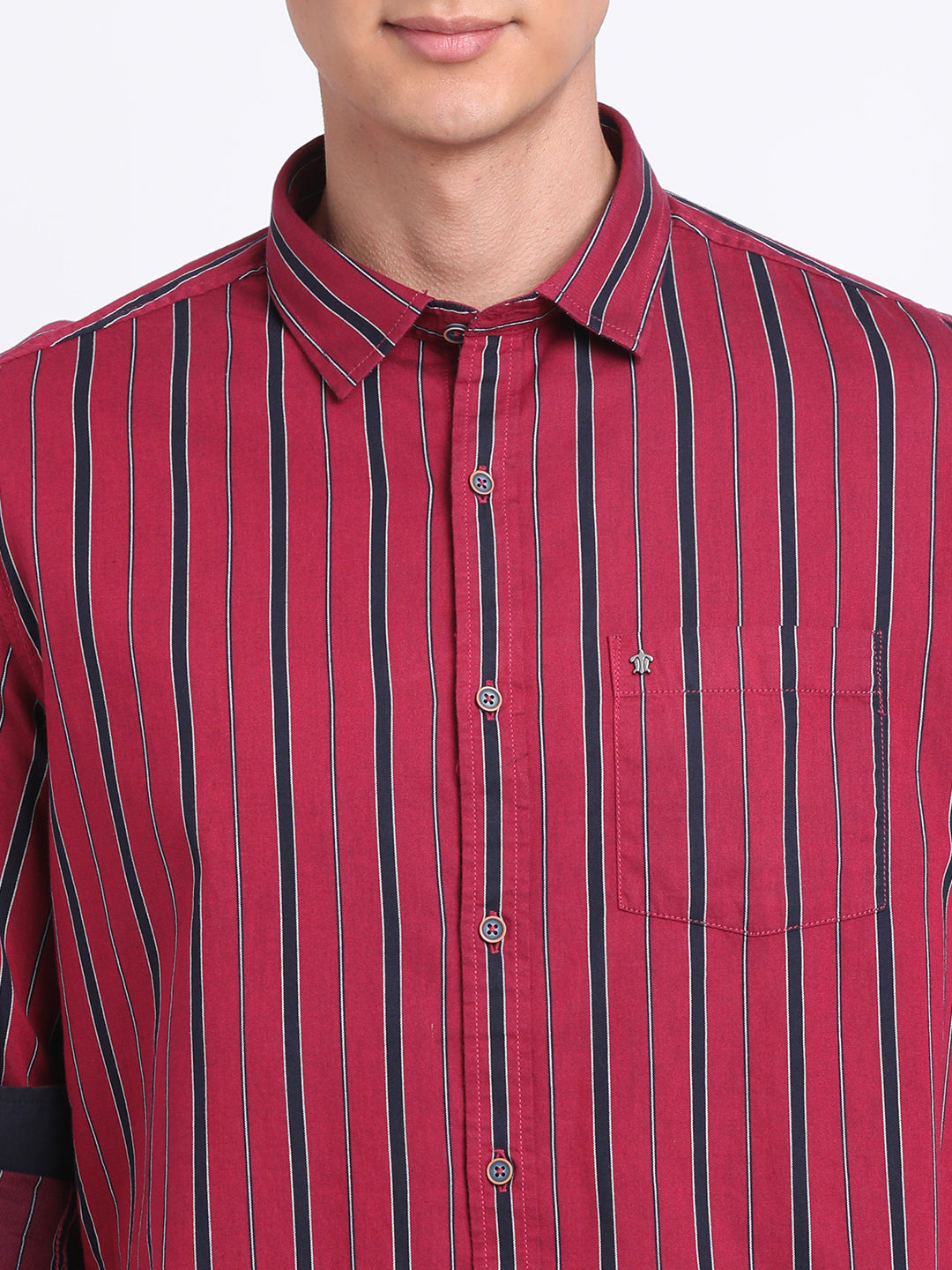 100% Cotton Maroon Striped Slim Fit Full Sleeve Casual Shirt