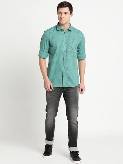 100% Cotton Teal Printed Slim Fit Full Sleeve Casual Shirt