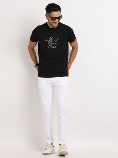 Cotton Stretch Black Printed Crew Neck Half Sleeve Casual T-Shirt