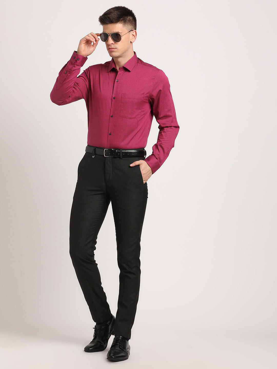 100% Cotton Maroon Dobby Slim Fit Full Sleeve Formal Shirt