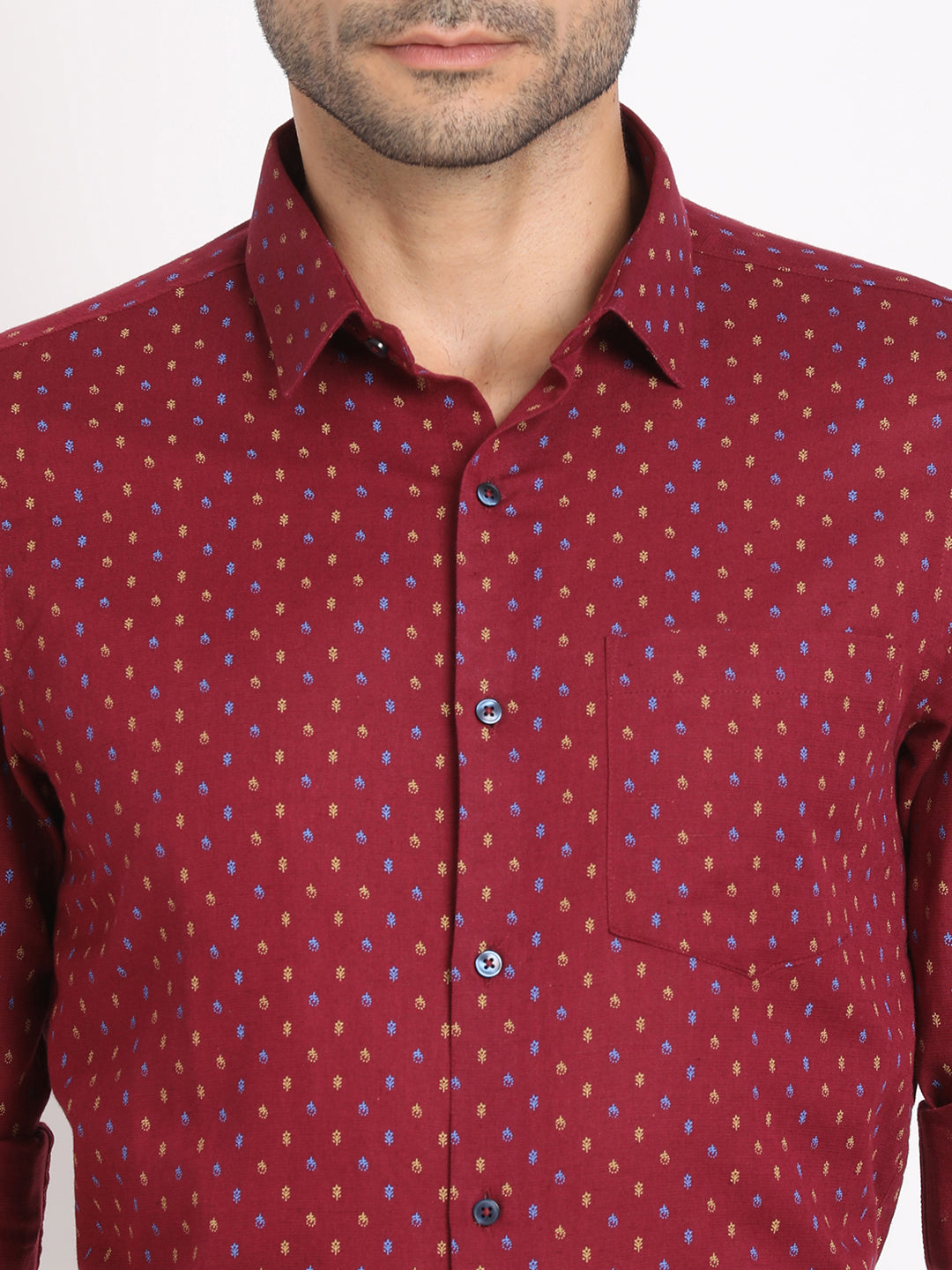 Cotton Linen Maroon Printed Slim Fit Full Sleeve Formal Shirt