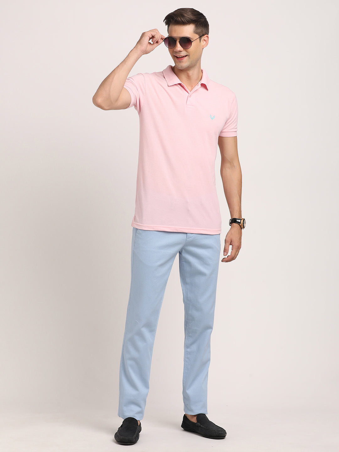 Cotton Stretch Light Blue Dobby Ultra Slim Fit Flat Front Casual Trouser