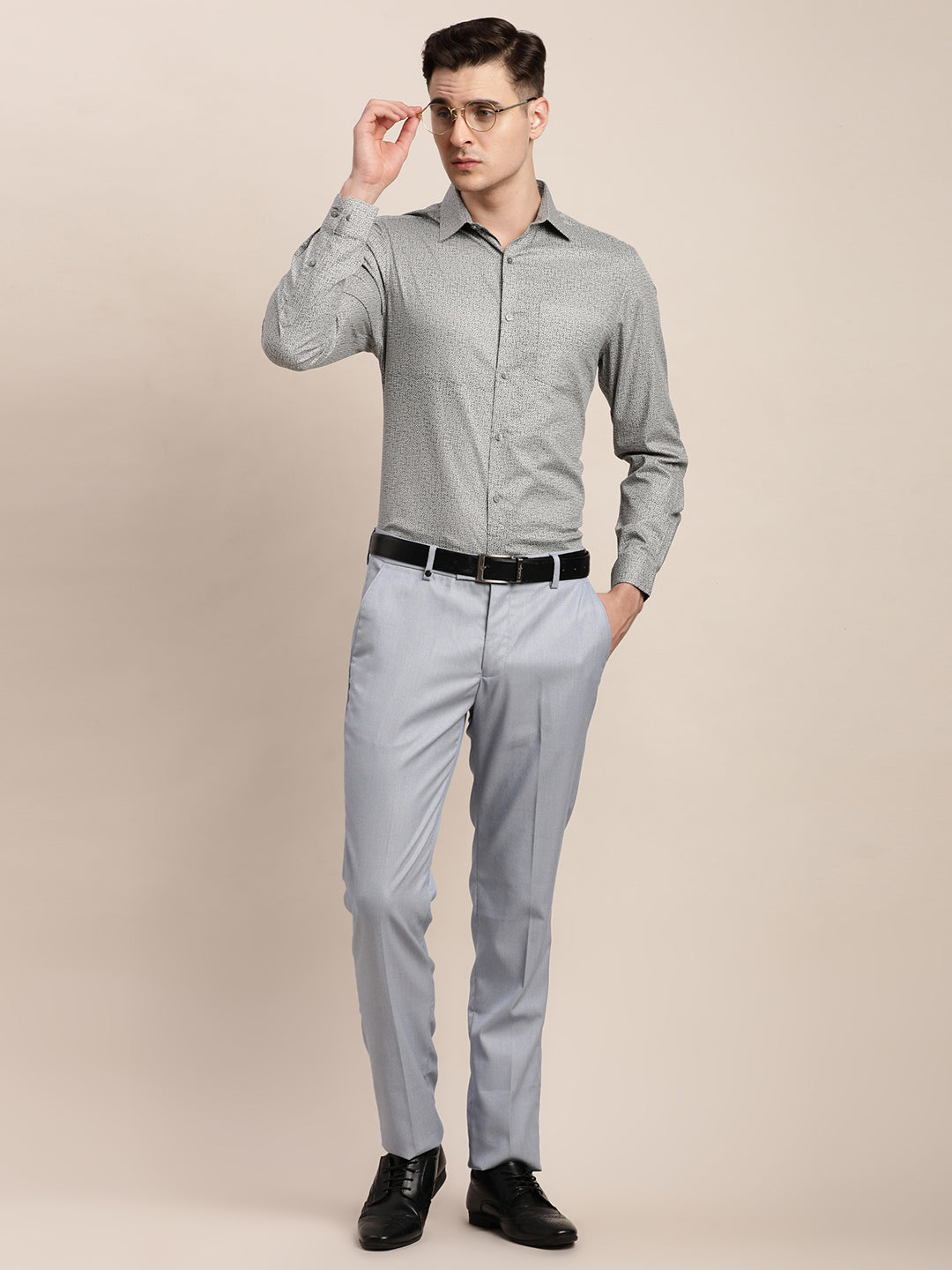 100% Cotton Grey Printed Slim Fit Full Sleeve Formal Shirt