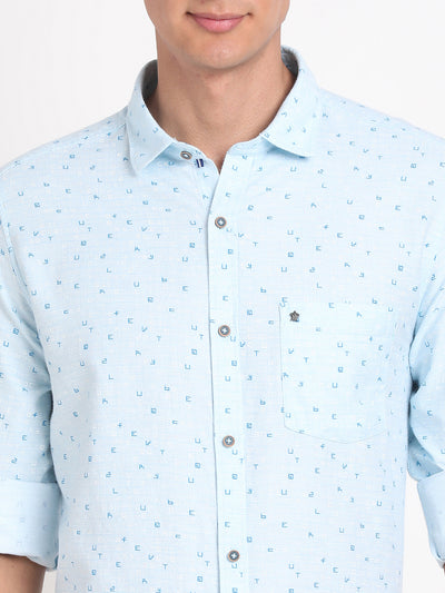 Cotton Melange Light Blue Printed Slim Fit Full Sleeve Casual Shirt