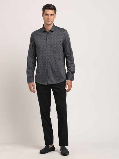 100% Cotton Charcoal Grey Printed Slim Fit Full Sleeve Ceremonial Shirt