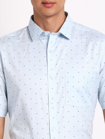 100% Cotton Sky Blue Printed Regular Fit Half Sleeve Formal Shirt