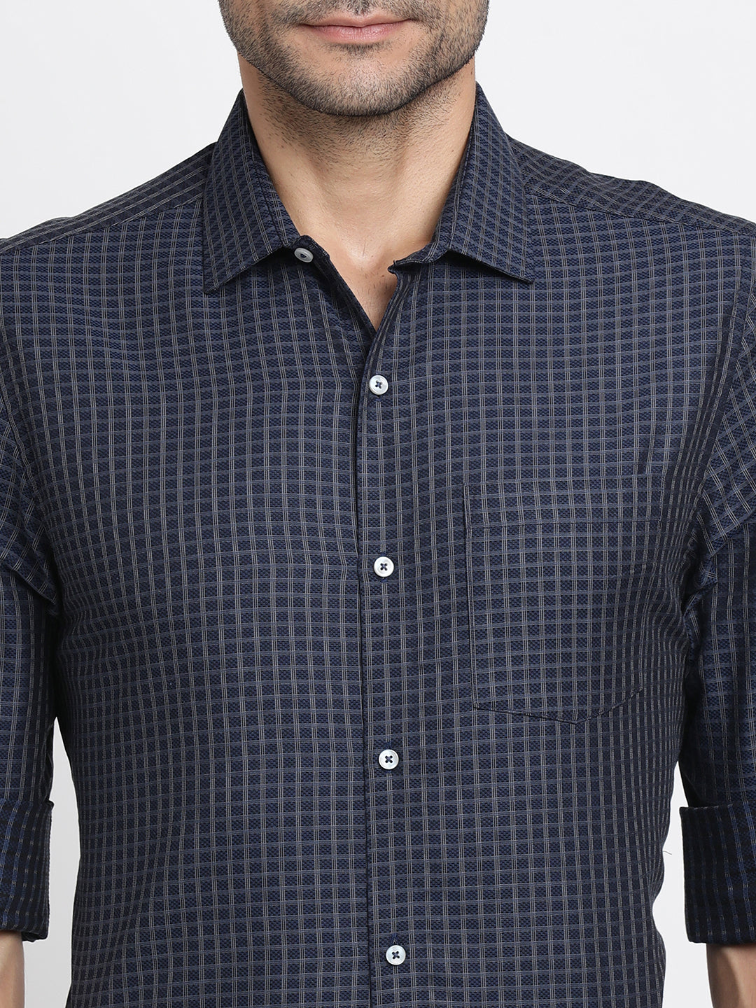 Giza Cotton Navy Blue Checkered Slim Fit Full Sleeve Formal Shirt