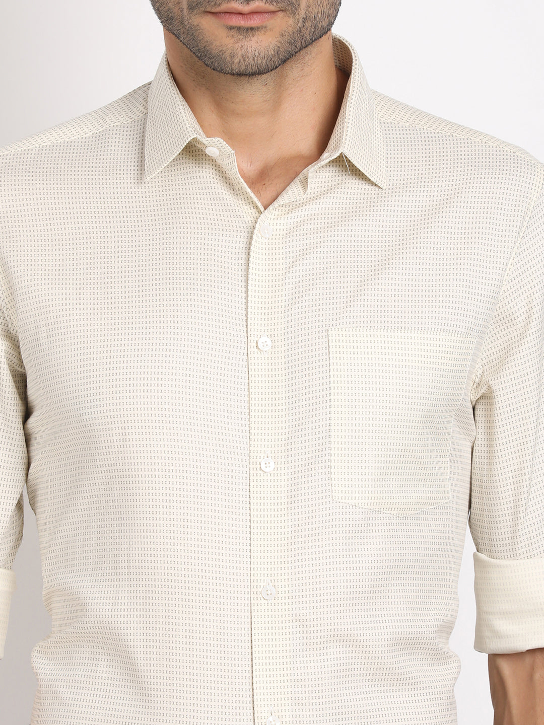 Cotton Tencel Cream Printed Slim Fit Full Sleeve Formal Shirt