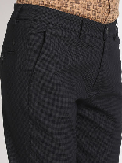 Cotton Stretch Black Printed Narrow Fit Flat Front Casual Trouser