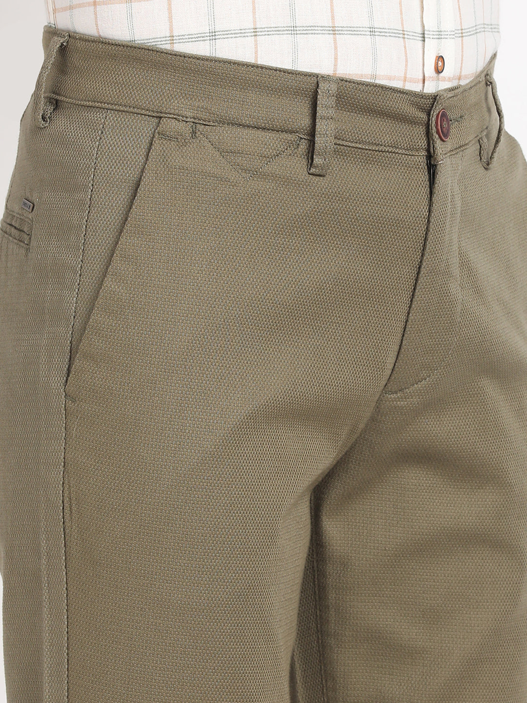 Cotton Stretch Olive Dobby Ultra Slim Fit Flat Front Casual Trouser