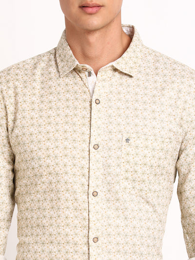 100% Cotton Off White Printed Slim Fit Full Sleeve Casual Shirt