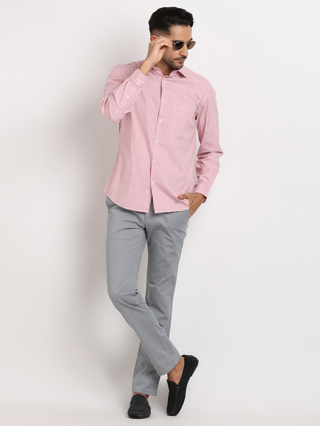 100% Cotton Pink Checkered Slim Fit Full Sleeve Casual Shirt